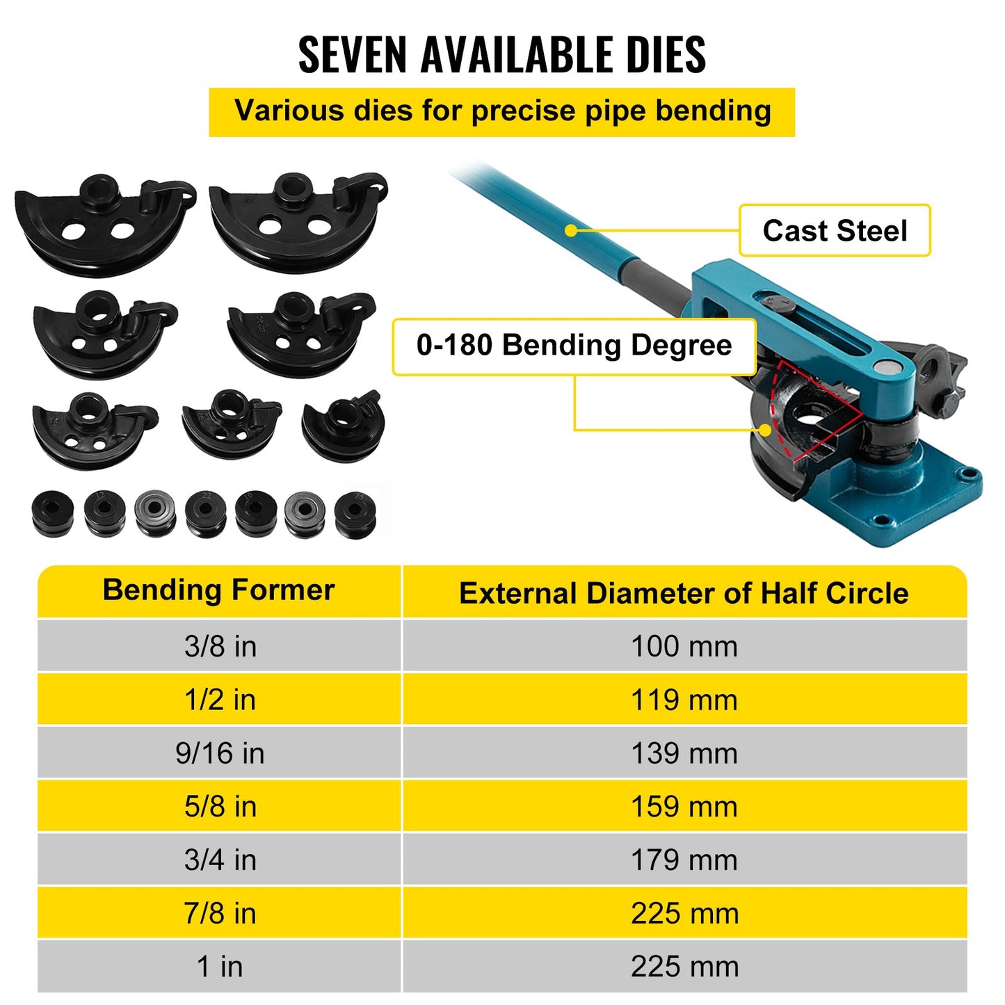 Pipe Tube Bender, 3/8" to 1" Manual Pipe Tube Bender, with 7 Dies, Heavy Duty Tube Bender Tubing of Steel Metal Copper, for Repair Shops, Blue - Image 4