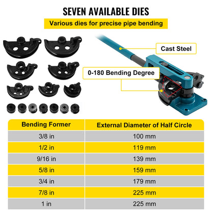 Pipe Tube Bender, 3/8" to 1" Manual Pipe Tube Bender, with 7 Dies, Heavy Duty Tube Bender Tubing of Steel Metal Copper, for Repair Shops, Blue - Image 4