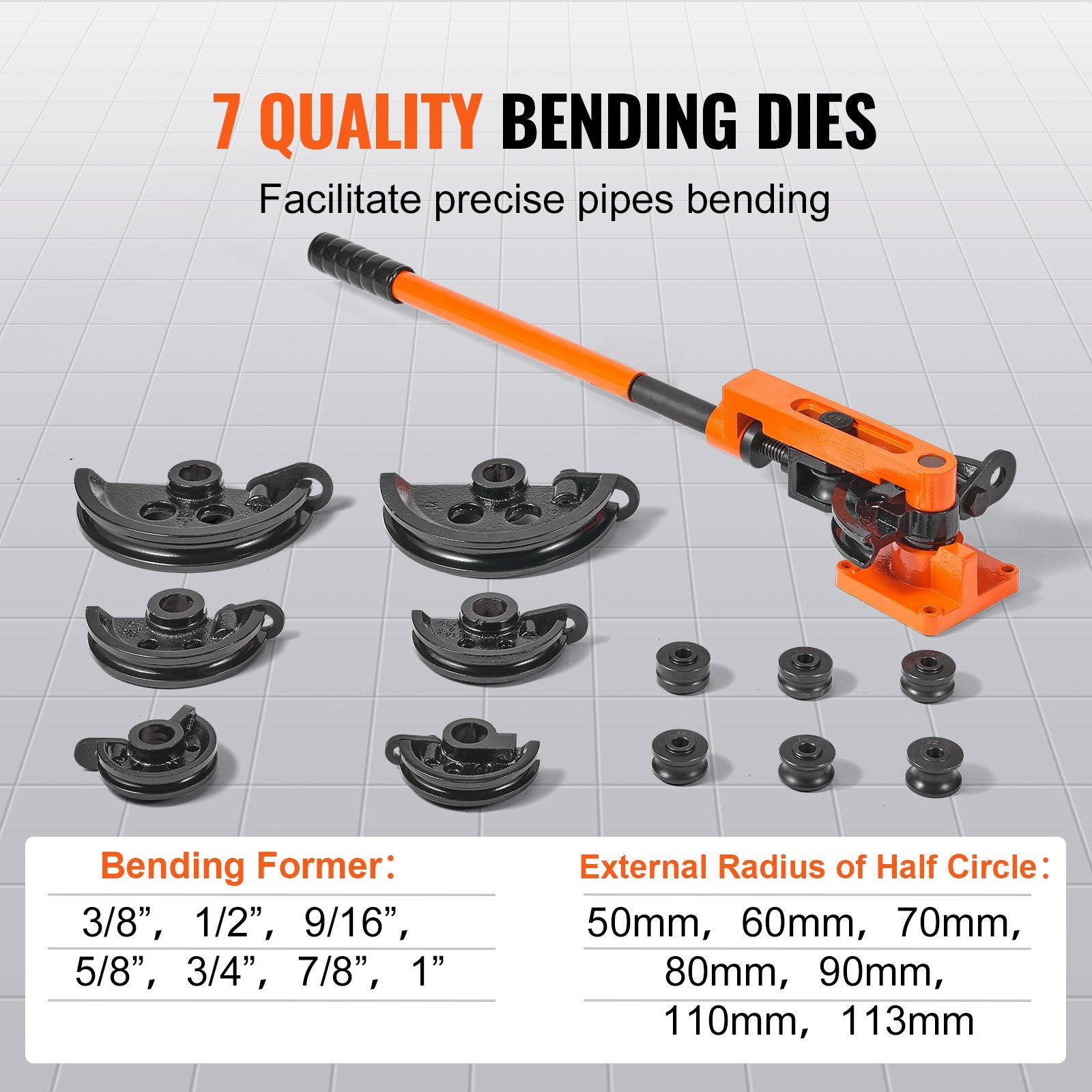 Pipe Tube Bender, 3/8" to 1" OD Manual Pipe Tube Bender with 7 Bending Dies, 180° Copper Aluminum Pipes Bending Tools for HVAC Air Conditioning Refrigerator Auto Repair - Image 4
