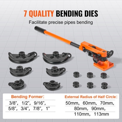 Pipe Tube Bender, 3/8" to 1" OD Manual Pipe Tube Bender with 7 Bending Dies, 180° Copper Aluminum Pipes Bending Tools for HVAC Air Conditioning Refrigerator Auto Repair - Image 4