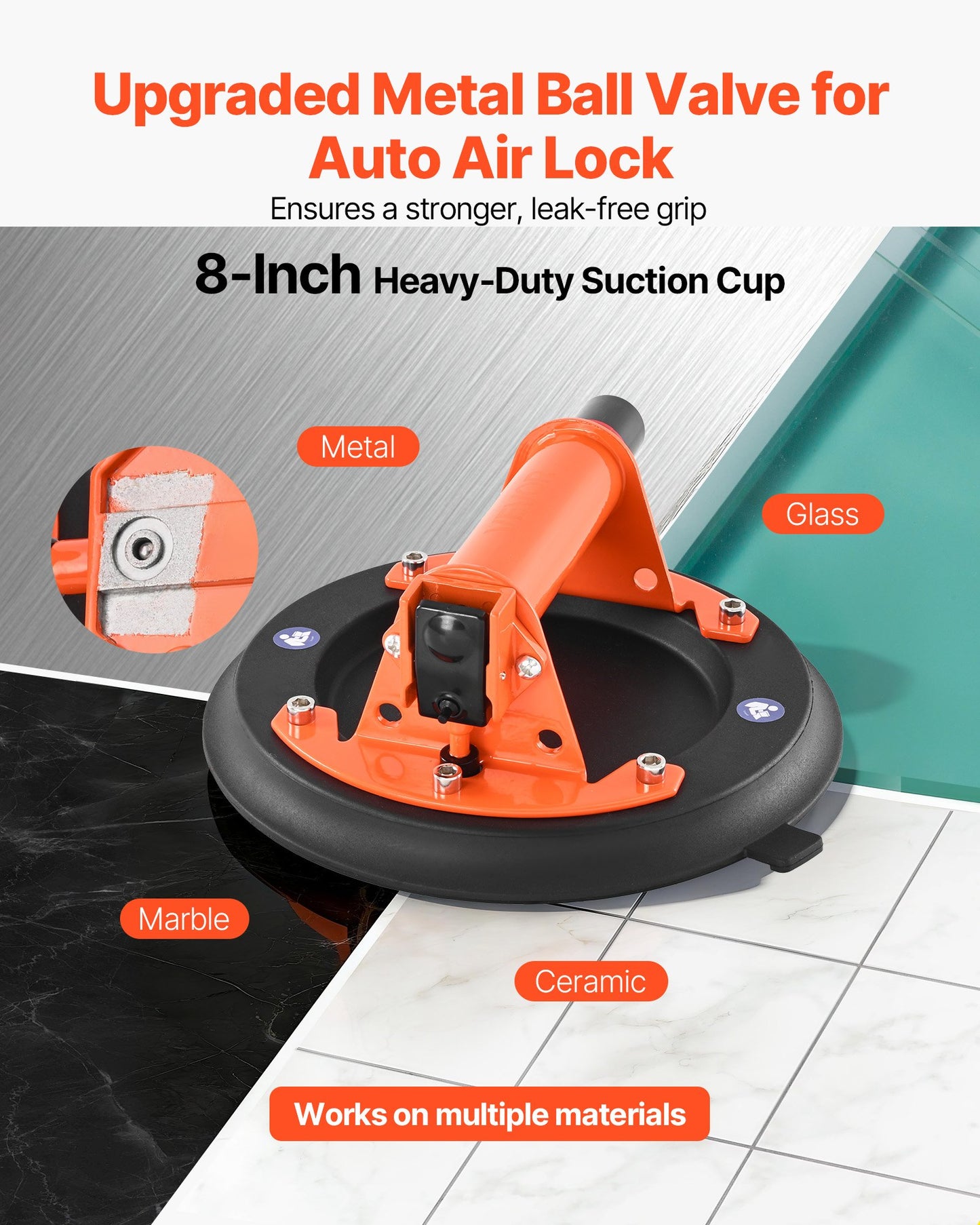 Vacuum Suction Cup, 203 mm Vacuum Glass Lifter with Metal Handle, 195 kg Max Lifting Capacity Tile Suction Cup Tool with Carrying Case for Lifting Large Tile, Granite, Drywall, Windows (2-Pack) - Image 2