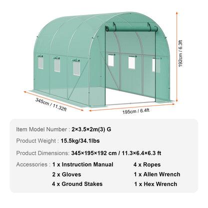 Walk-in Tunnel Greenhouse 11.32x6.4x6.3ft Galvanized Frame PE Cover Green - Image 7