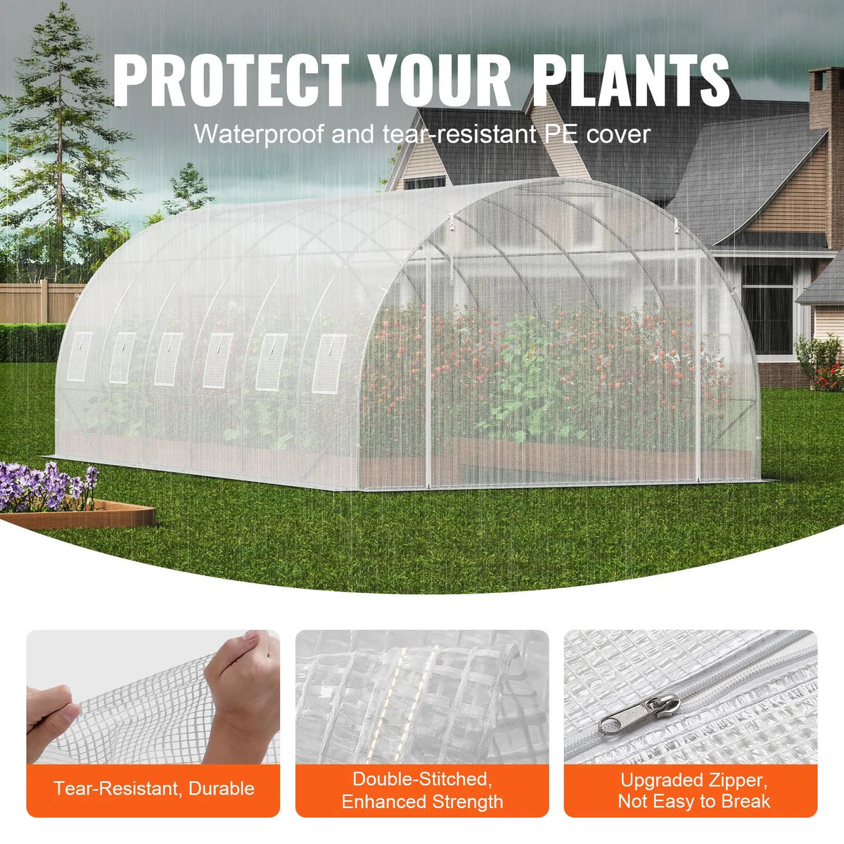 Walk-in Tunnel Greenhouse, 19.4x9.7x6.5 ft Hoop House Greenhouse Tunnel, Plant Hot House with Galvanized Steel Frame, White PE Cover, Roll-up Zipper Door and 12 Windows for Outdoor - Image 3