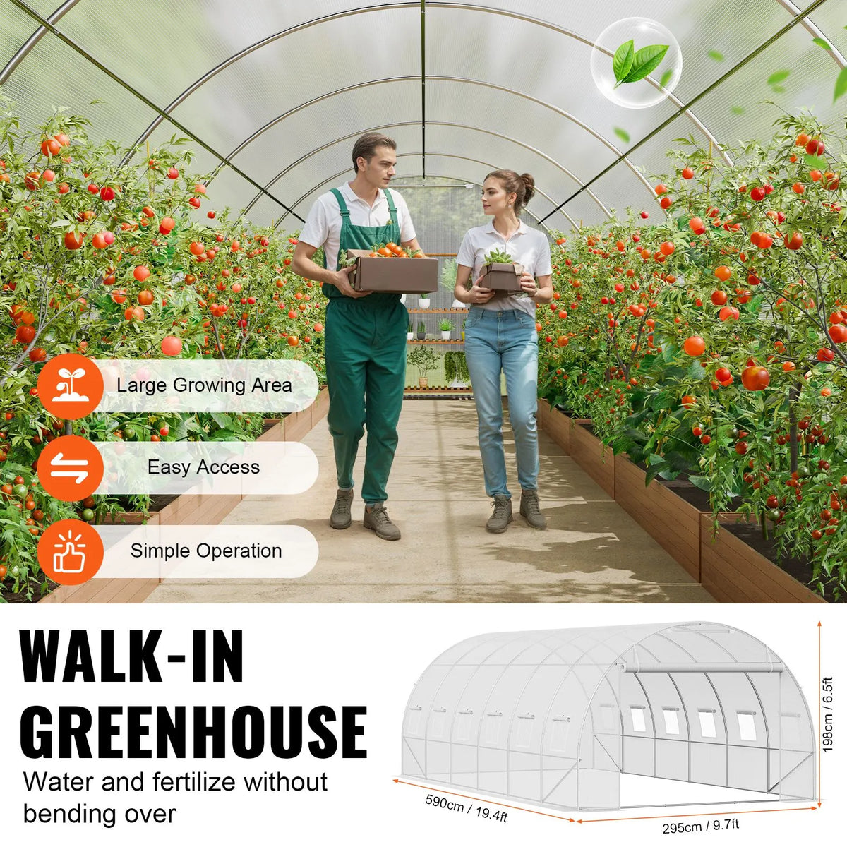 Walk-in Tunnel Greenhouse, 19.4x9.7x6.5 ft Hoop House Greenhouse Tunnel, Plant Hot House with Galvanized Steel Frame, White PE Cover, Roll-up Zipper Door and 12 Windows for Outdoor - Image 5