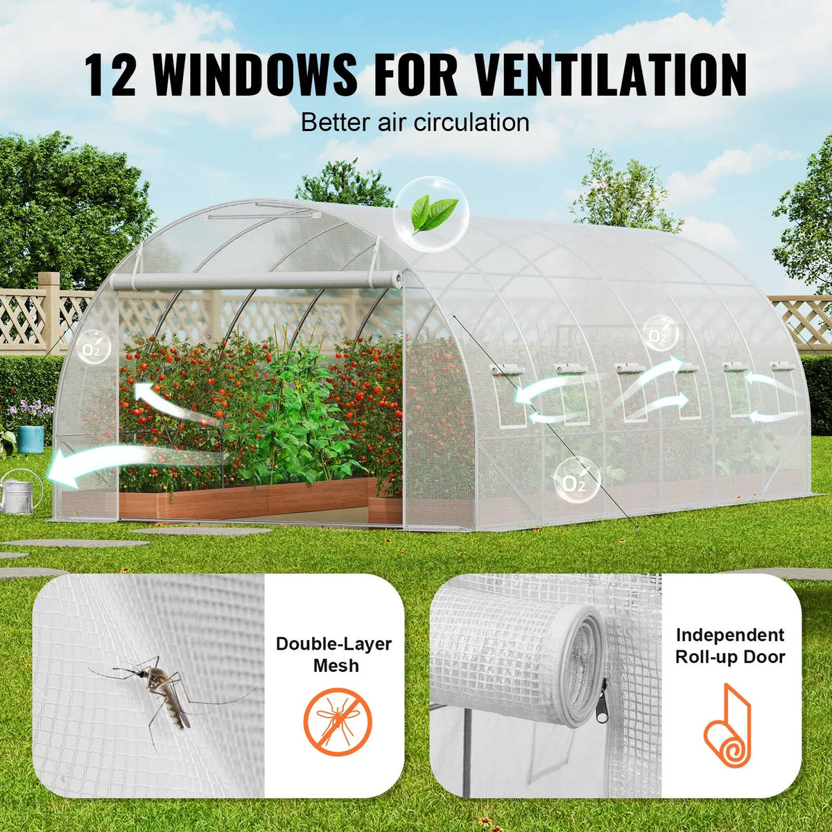 Walk-in Tunnel Greenhouse, 19.4x9.7x6.5 ft Hoop House Greenhouse Tunnel, Plant Hot House with Galvanized Steel Frame, White PE Cover, Roll-up Zipper Door and 12 Windows for Outdoor - Image 6