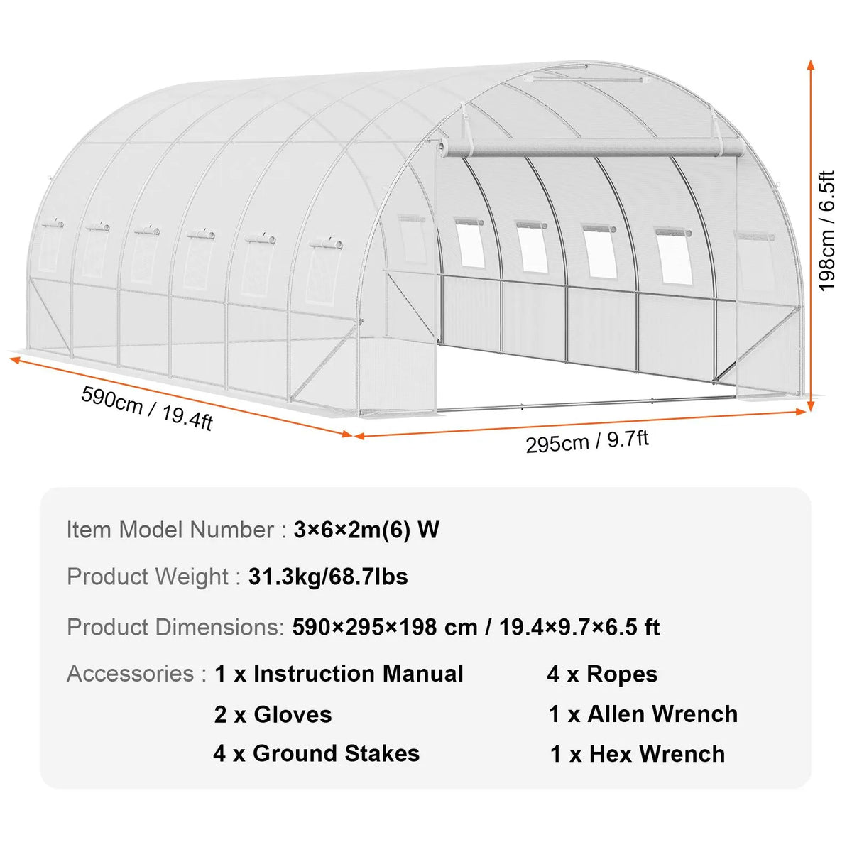 Walk-in Tunnel Greenhouse, 19.4x9.7x6.5 ft Hoop House Greenhouse Tunnel, Plant Hot House with Galvanized Steel Frame, White PE Cover, Roll-up Zipper Door and 12 Windows for Outdoor - Image 7