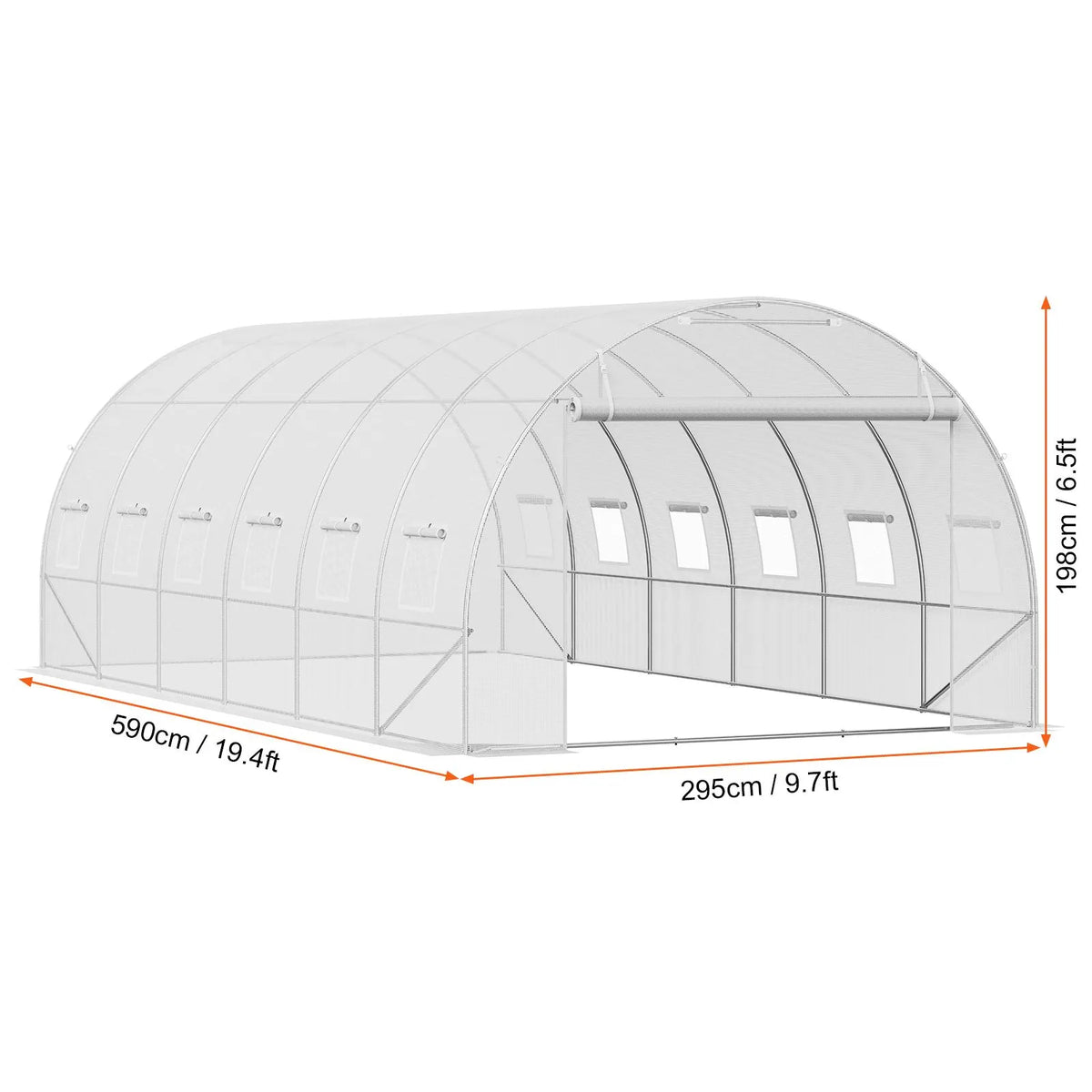 Walk-in Tunnel Greenhouse, 19.4x9.7x6.5 ft Hoop House Greenhouse Tunnel, Plant Hot House with Galvanized Steel Frame, White PE Cover, Roll-up Zipper Door and 12 Windows for Outdoor - Image 8