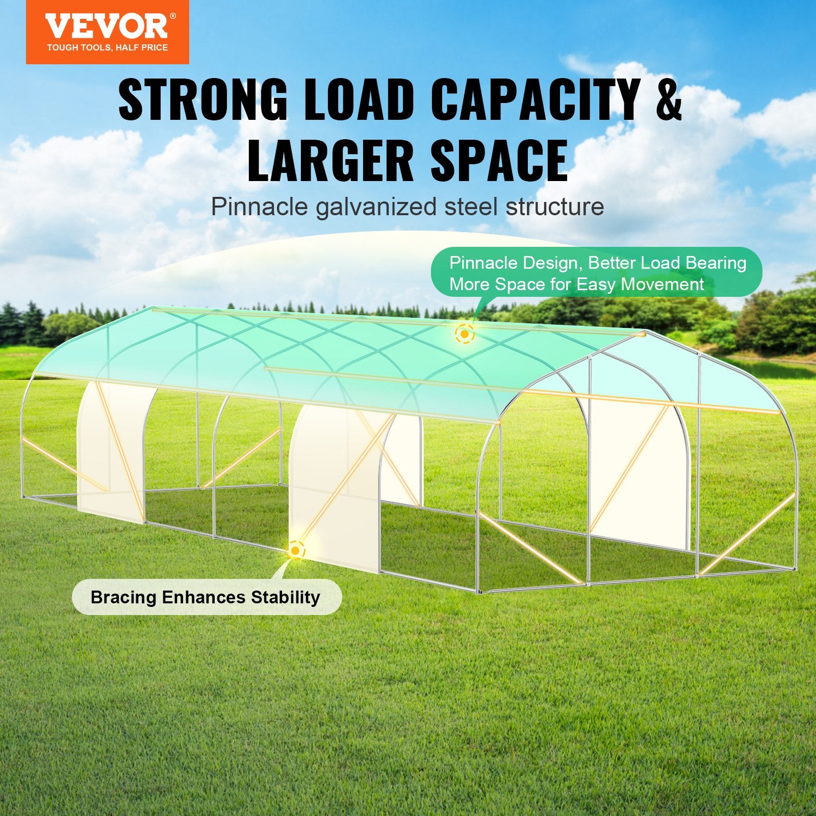 Walk-in Tunnel Greenhouse, 29.5x9.8x6.6 ft Hoop House Greenhouse Tunnel, Peaked Roof Plant Hot House with Galvanized Steel Frame, Green PE Cover, Roll-up Zipper Door and 12 Windows for Outdoor - Image 2