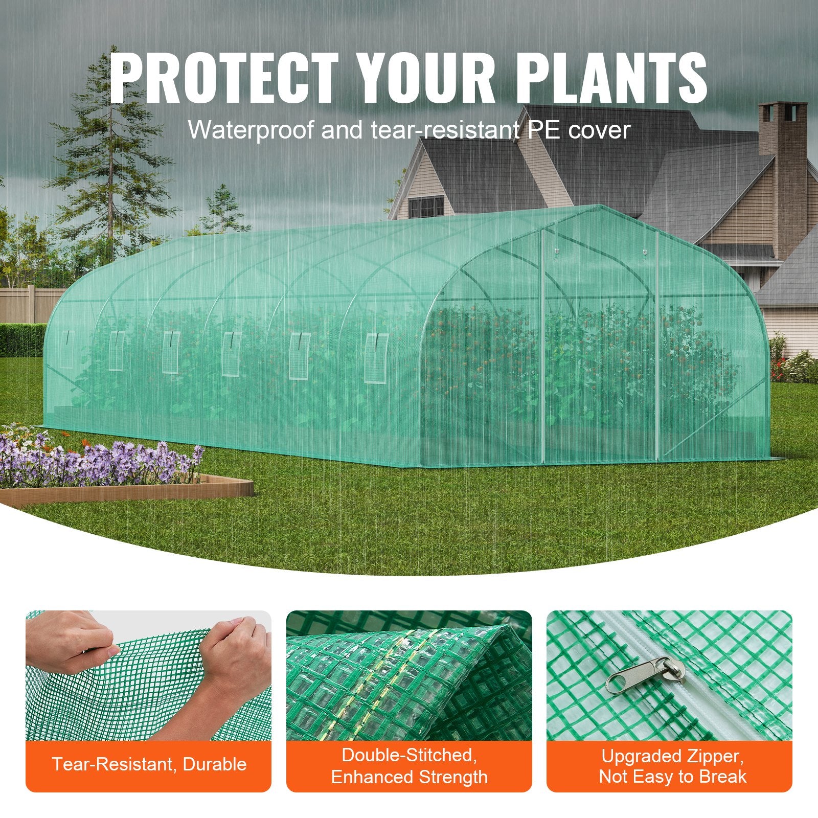 Walk-in Tunnel Greenhouse, 29.5x9.8x6.6 ft Hoop House Greenhouse Tunnel, Peaked Roof Plant Hot House with Galvanized Steel Frame, Green PE Cover, Roll-up Zipper Door and 12 Windows for Outdoor - Image 3