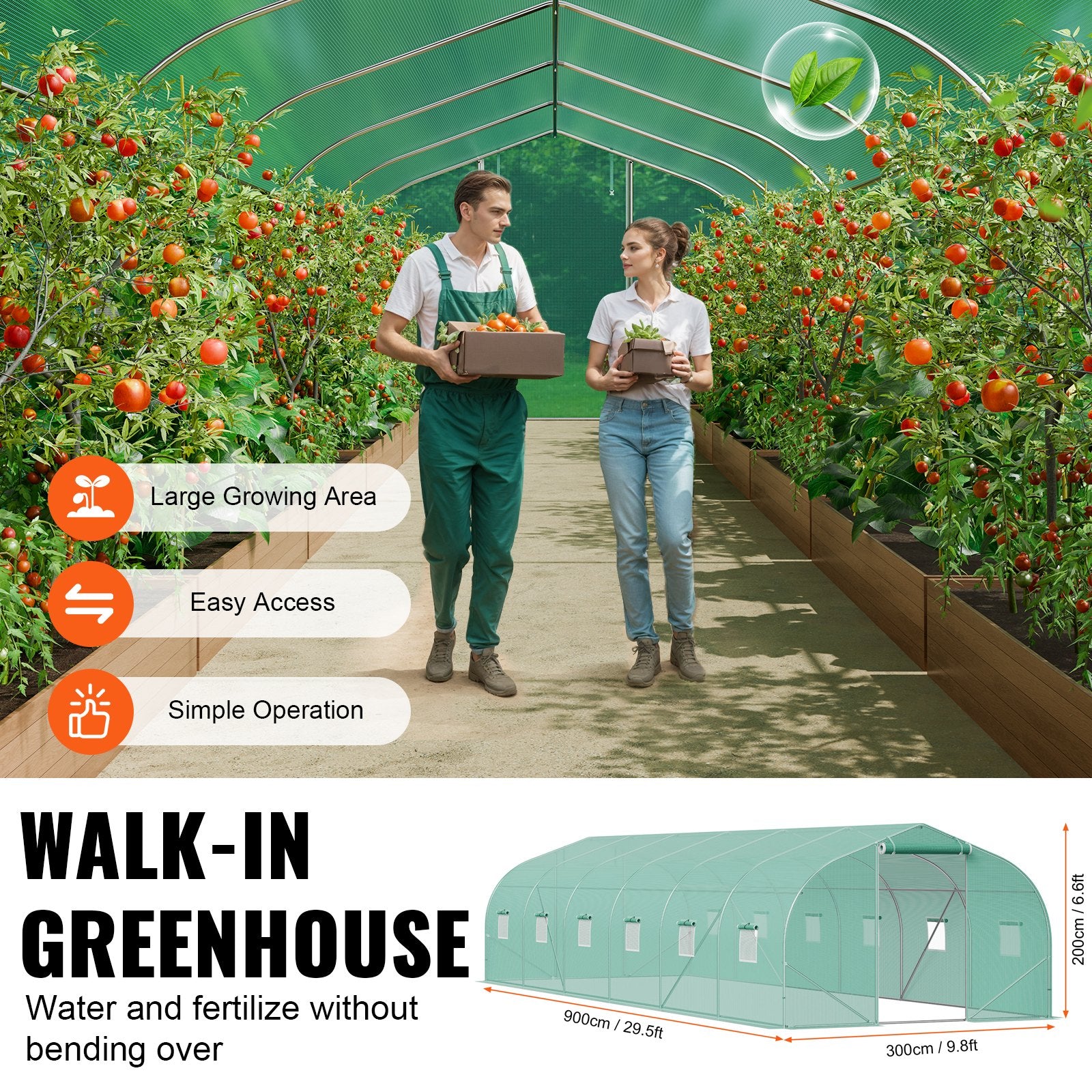 Walk-in Tunnel Greenhouse, 29.5x9.8x6.6 ft Hoop House Greenhouse Tunnel, Peaked Roof Plant Hot House with Galvanized Steel Frame, Green PE Cover, Roll-up Zipper Door and 12 Windows for Outdoor - Image 5