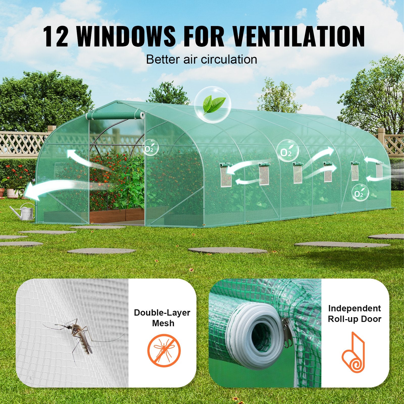 Walk-in Tunnel Greenhouse, 29.5x9.8x6.6 ft Hoop House Greenhouse Tunnel, Peaked Roof Plant Hot House with Galvanized Steel Frame, Green PE Cover, Roll-up Zipper Door and 12 Windows for Outdoor - Image 6