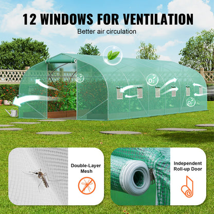 Walk-in Tunnel Greenhouse, 29.5x9.8x6.6 ft Hoop House Greenhouse Tunnel, Peaked Roof Plant Hot House with Galvanized Steel Frame, Green PE Cover, Roll-up Zipper Door and 12 Windows for Outdoor - Image 6