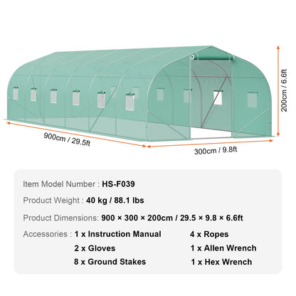 Walk-in Tunnel Greenhouse, 29.5x9.8x6.6 ft Hoop House Greenhouse Tunnel, Peaked Roof Plant Hot House with Galvanized Steel Frame, Green PE Cover, Roll-up Zipper Door and 12 Windows for Outdoor - Image 7