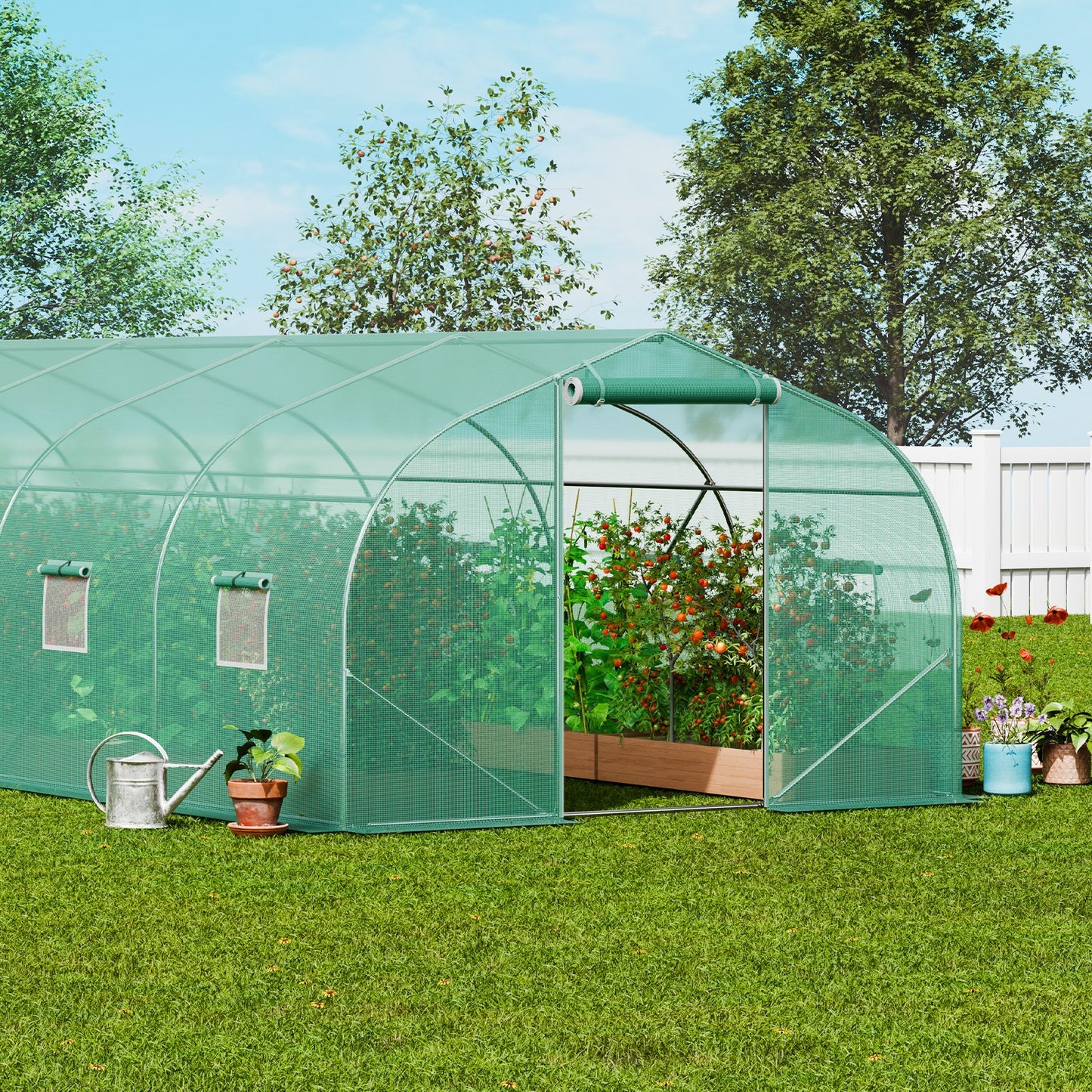 Walk-in Tunnel Greenhouse, 29.5x9.8x6.6 ft Hoop House Greenhouse Tunnel, Peaked Roof Plant Hot House with Galvanized Steel Frame, Green PE Cover, Roll-up Zipper Door and 12 Windows for Outdoor - Image 8
