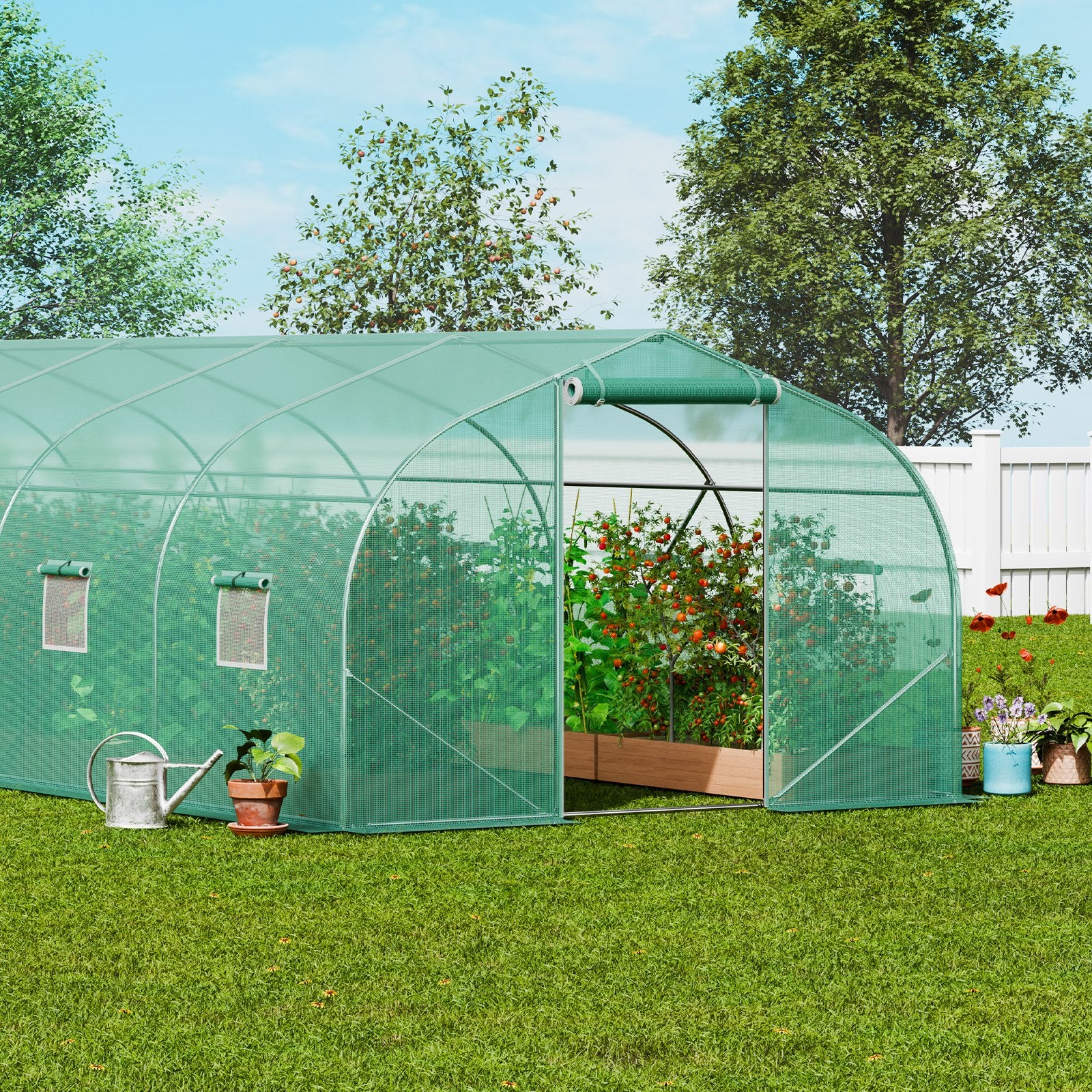 Walk-in Tunnel Greenhouse, 29.5x9.8x6.6 ft Hoop House Greenhouse Tunnel, Peaked Roof Plant Hot House with Galvanized Steel Frame, Green PE Cover, Roll-up Zipper Door and 12 Windows for Outdoor - Image 8