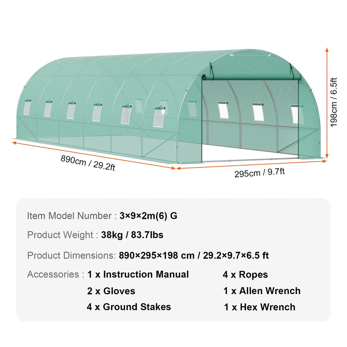 Walk-in Tunnel Greenhouse 29.2x9.7x6.5ft Galvanized Frame PE Cover Green - Image 7