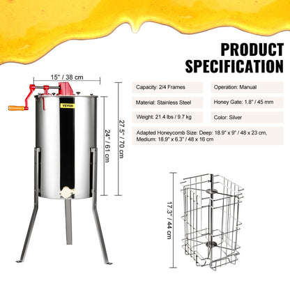 Manual Honey Extractor, 2/4 Frames Honey Spinner Extractor, Stainless Steel Beekeeping Extraction, Honeycomb Drum Spinner with Lid, Apiary Centrifuge Equipment with Height Adjustable Stand - Image 7