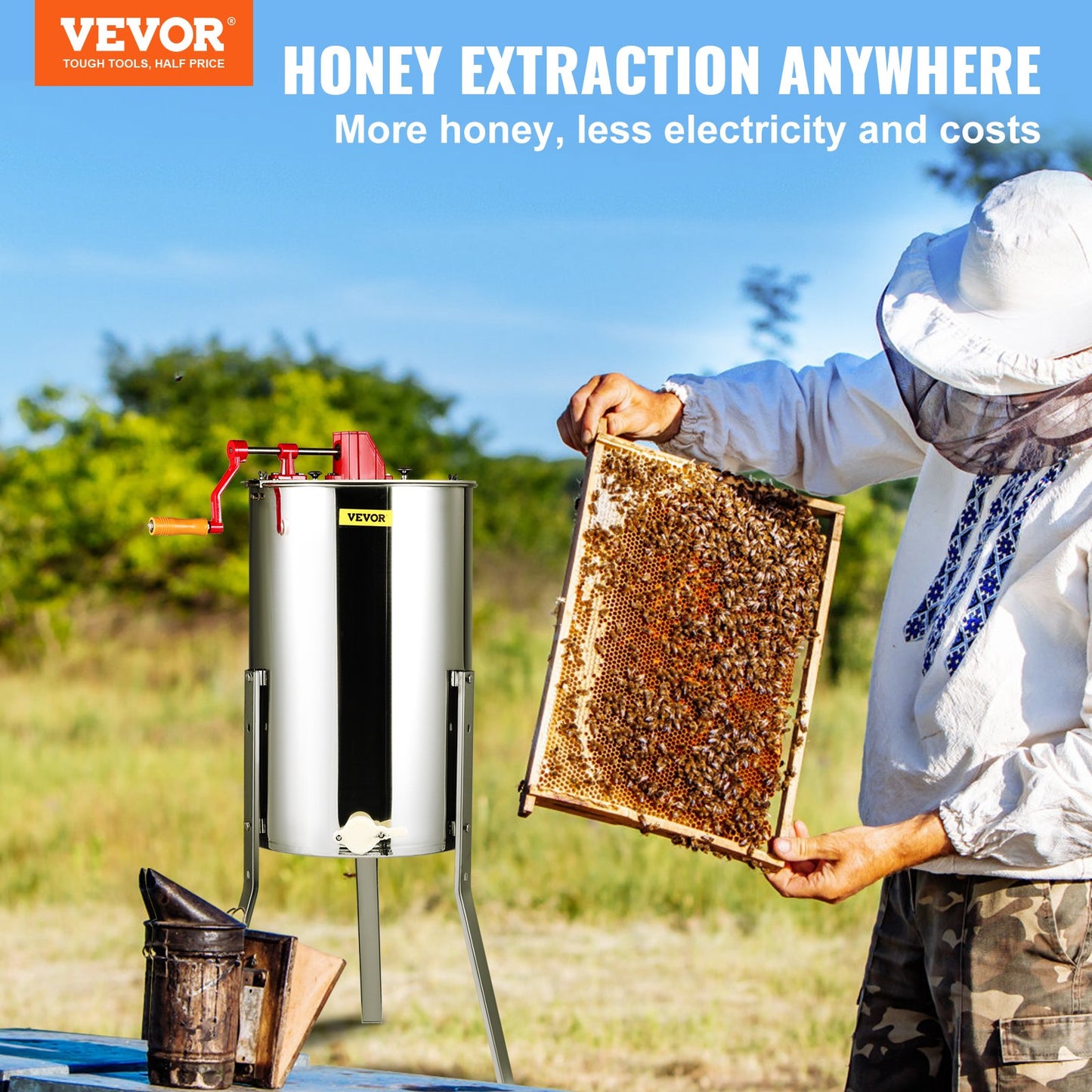 Manual Honey Extractor, 3 Frames Honey Spinner Extractor, Stainless Steel Beekeeping Extraction, Honeycomb Drum Spinner with Lid, Apiary Centrifuge Equipment with Height Adjustable Stand - Image 2