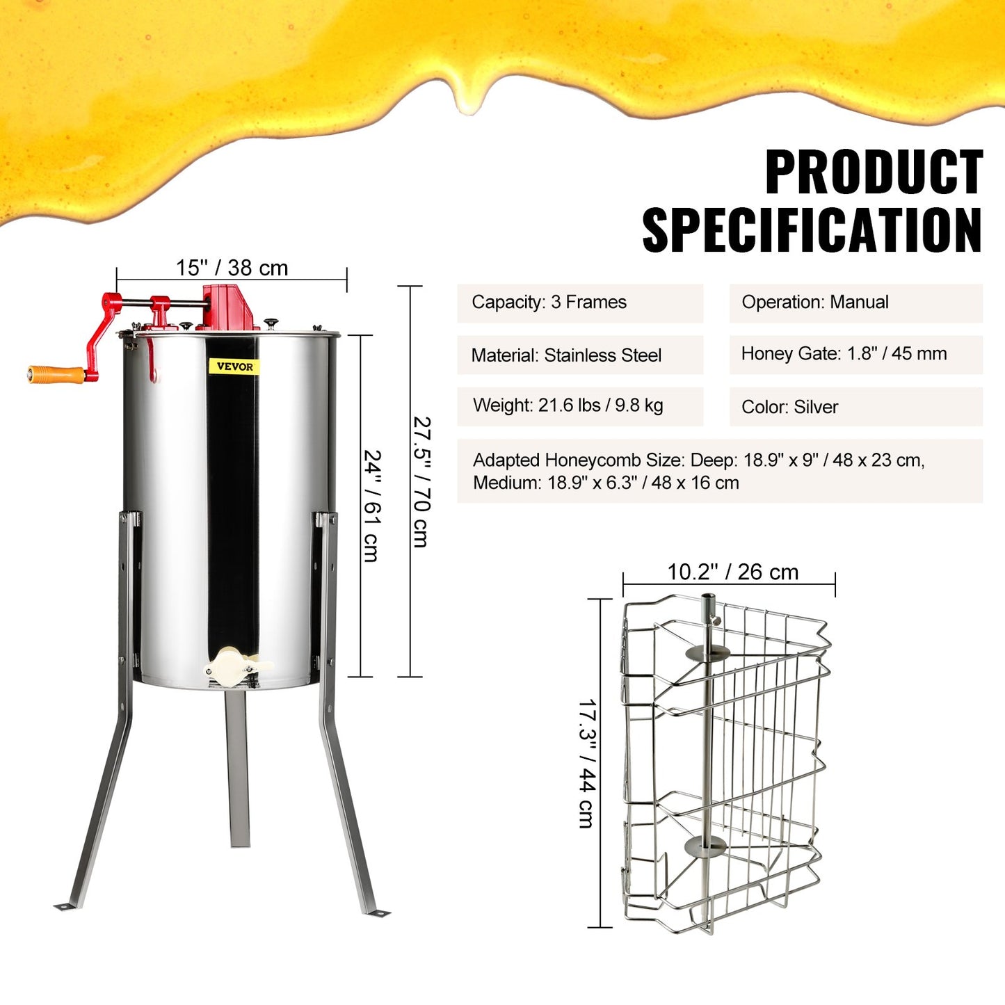Manual Honey Extractor, 3 Frames Honey Spinner Extractor, Stainless Steel Beekeeping Extraction, Honeycomb Drum Spinner with Lid, Apiary Centrifuge Equipment with Height Adjustable Stand - Image 7
