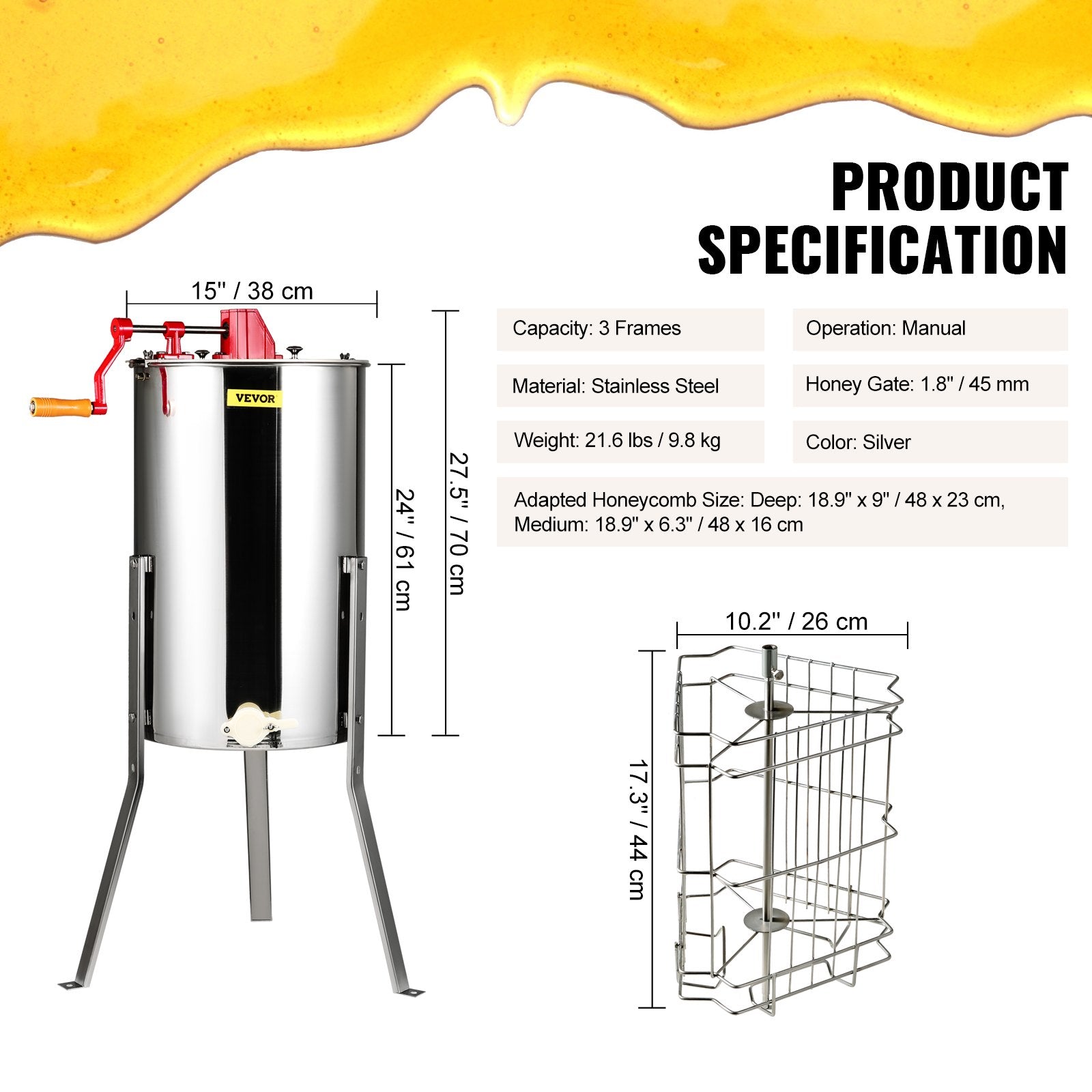 Manual Honey Extractor, 3 Frames Honey Spinner Extractor, Stainless Steel Beekeeping Extraction, Honeycomb Drum Spinner with Lid, Apiary Centrifuge Equipment with Height Adjustable Stand - Image 7