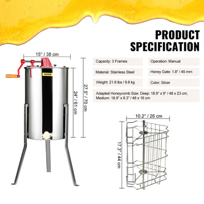 Manual Honey Extractor, 3 Frames Honey Spinner Extractor, Stainless Steel Beekeeping Extraction, Honeycomb Drum Spinner with Lid, Apiary Centrifuge Equipment with Height Adjustable Stand - Image 7