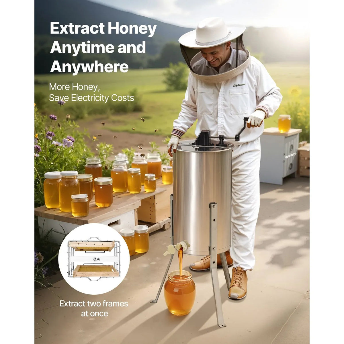 Honey Extractor, 2 Frame Manual Honey Spinner with Transparent Lid, Stainless Steel Honeycomb Drum Spinner with Height Adjustable Stand, Honeycomb Extraction Centrifuge Equipment for Beekeeping - Image 2