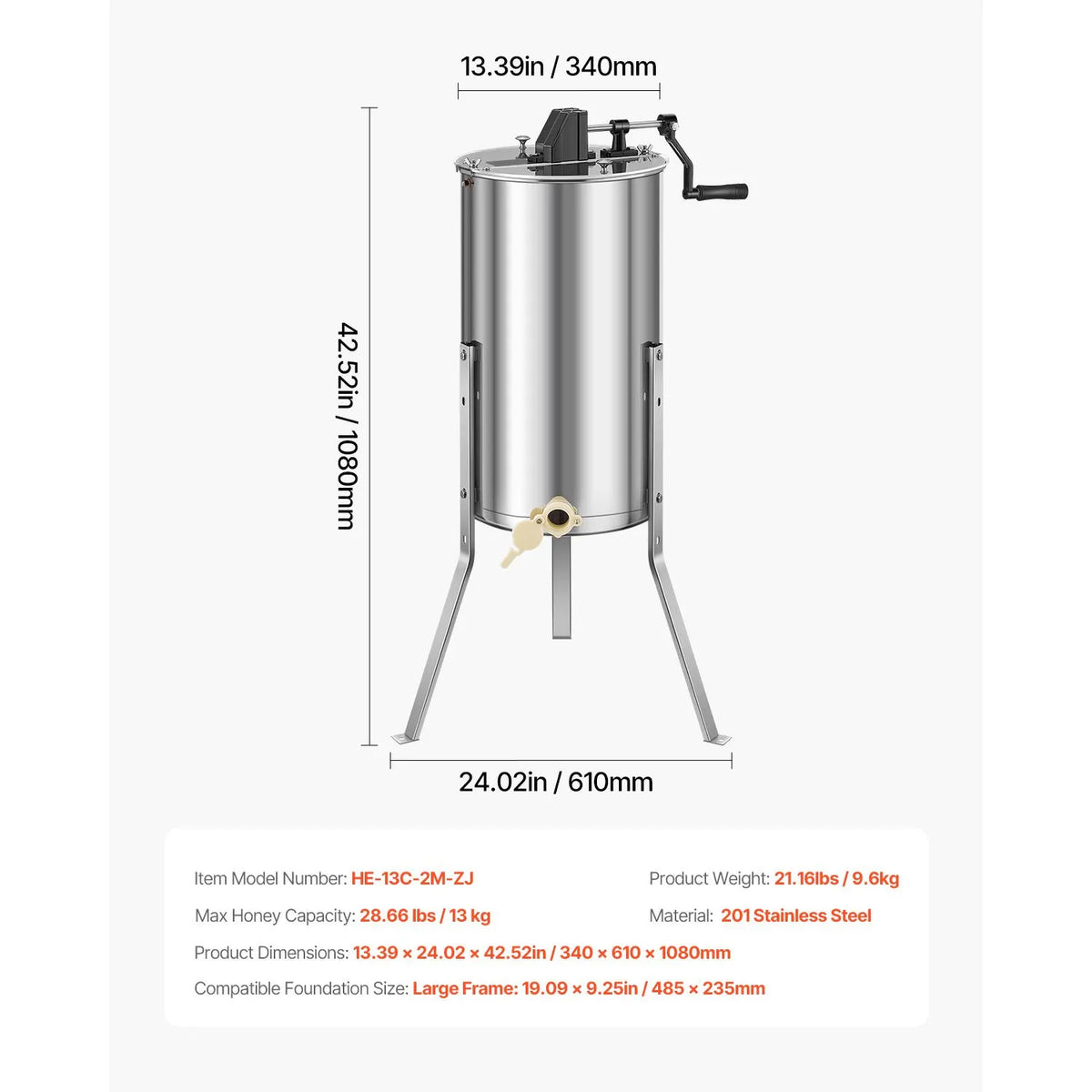 Honey Extractor, 2 Frame Manual Honey Spinner with Transparent Lid, Stainless Steel Honeycomb Drum Spinner with Height Adjustable Stand, Honeycomb Extraction Centrifuge Equipment for Beekeeping - Image 7
