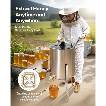 Honey Extractor, 4/8 Frame Manual Honey Spinner with Transparent Lid, Stainless Steel Honeycomb Drum Spinner with Height Adjustable Stand, Honeycomb Extraction Equipment for Beekeeping - Image 2