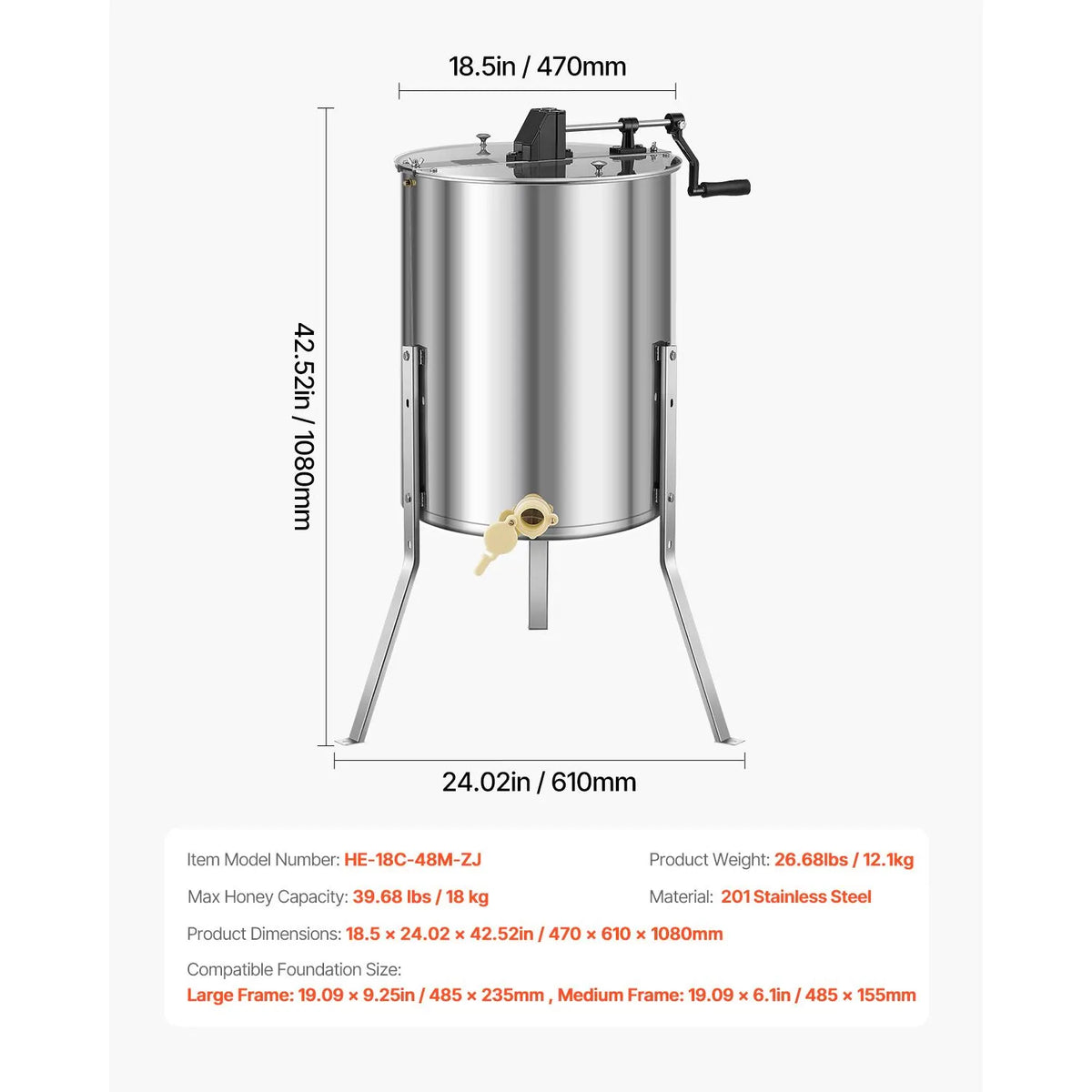 Honey Extractor, 4/8 Frame Manual Honey Spinner with Transparent Lid, Stainless Steel Honeycomb Drum Spinner with Height Adjustable Stand, Honeycomb Extraction Equipment for Beekeeping - Image 7