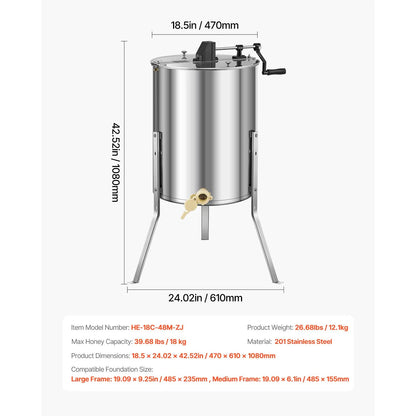 Honey Extractor, 4/8 Frame Manual Honey Spinner with Transparent Lid, Stainless Steel Honeycomb Drum Spinner with Height Adjustable Stand, Honeycomb Extraction Equipment for Beekeeping - Image 7