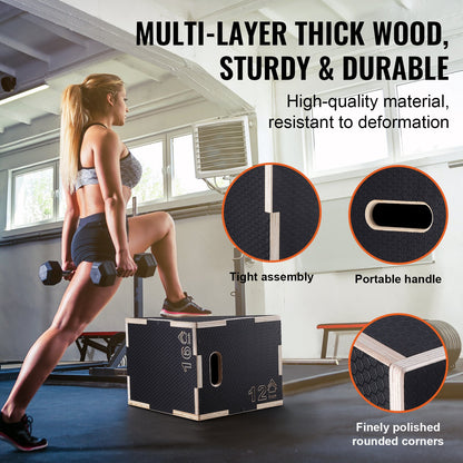3 in 1 Plyometric Jump Box, 16/14/12 Inch Wooden Plyo Box, Platform & Jumping Agility Box, Anti-Slip Fitness Exercise Step Up Box for Home Gym Training, Conditioning Strength Training, Black - Image 4