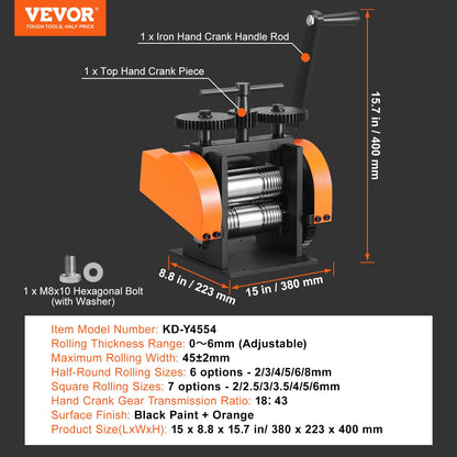 Rolling Mill, 1.77"/45 mm Jewelry Rolling Mill Machine, 1: 2.4 Gear Ratio, 3-in-1 Multi-function Rolling Mill, 0-6 mm Press Thickness for Metal Jewelry Making Sheet Square Wire Semicircle - Image 7