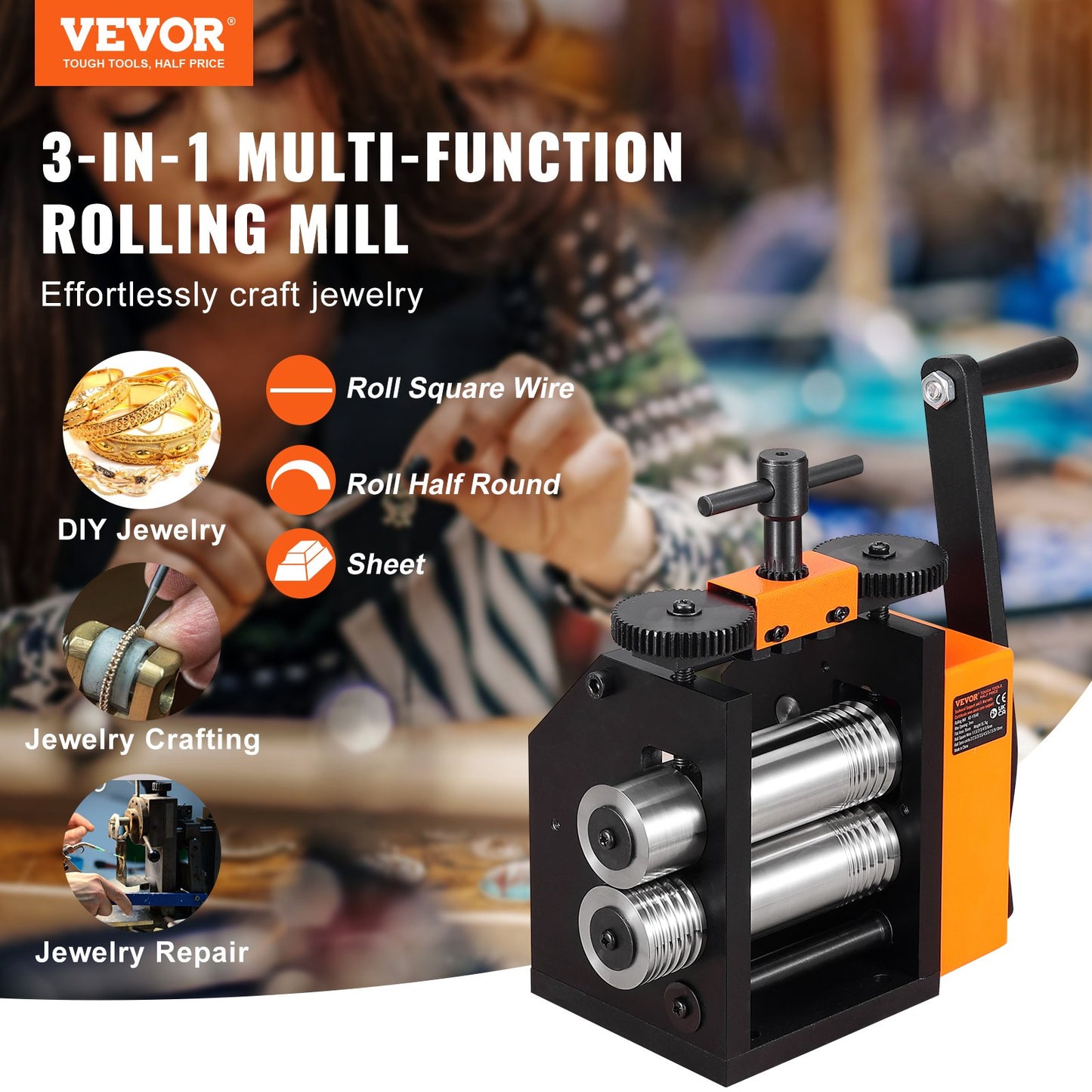 Rolling Mill, 2.95"/75 mm Jewelry Rolling Mill Machine, 1: 2 Gear Ratio, 3-in-1 Multi-function Rolling Mill, 0.03-6.5mm Press Thickness for Metal Jewelry Making Sheet Square Wire Semicircle - Image 2