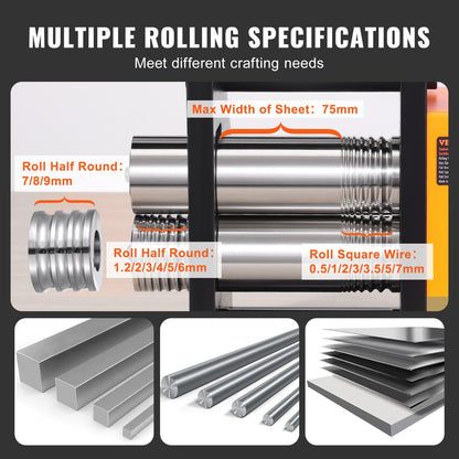 Rolling Mill, 2.95"/75 mm Jewelry Rolling Mill Machine, 1: 2 Gear Ratio, 3-in-1 Multi-function Rolling Mill, 0.03-6.5mm Press Thickness for Metal Jewelry Making Sheet Square Wire Semicircle - Image 3
