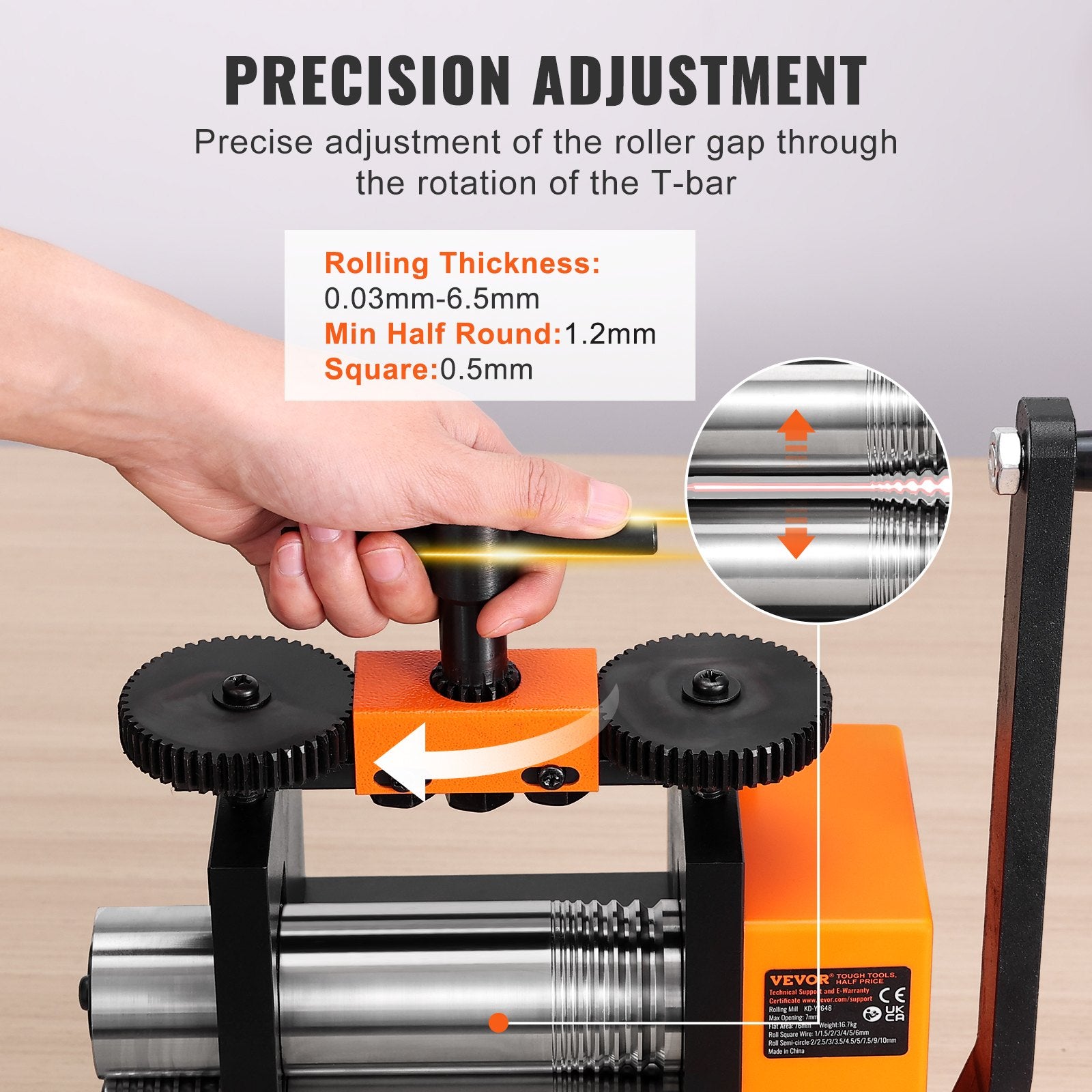 Rolling Mill, 2.95"/75 mm Jewelry Rolling Mill Machine, 1: 2 Gear Ratio, 3-in-1 Multi-function Rolling Mill, 0.03-6.5mm Press Thickness for Metal Jewelry Making Sheet Square Wire Semicircle - Image 4