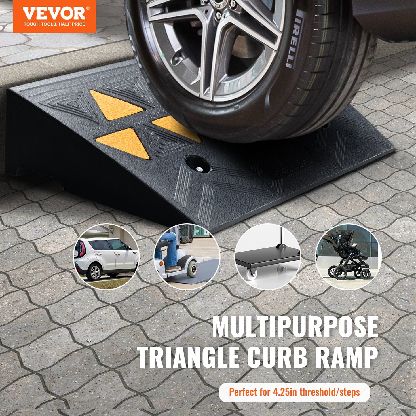 Rubber Curb Ramp 10.8 cm Rise Height Sidewalk Curb Ramp, 30 cm Width 50 cm Length Driveway Ramp for Curb, 15T Heavy Duty Rubber Ramp for Forklifts, Trucks, Buses, Cars, Wheelchairs, Bikes - Image 2