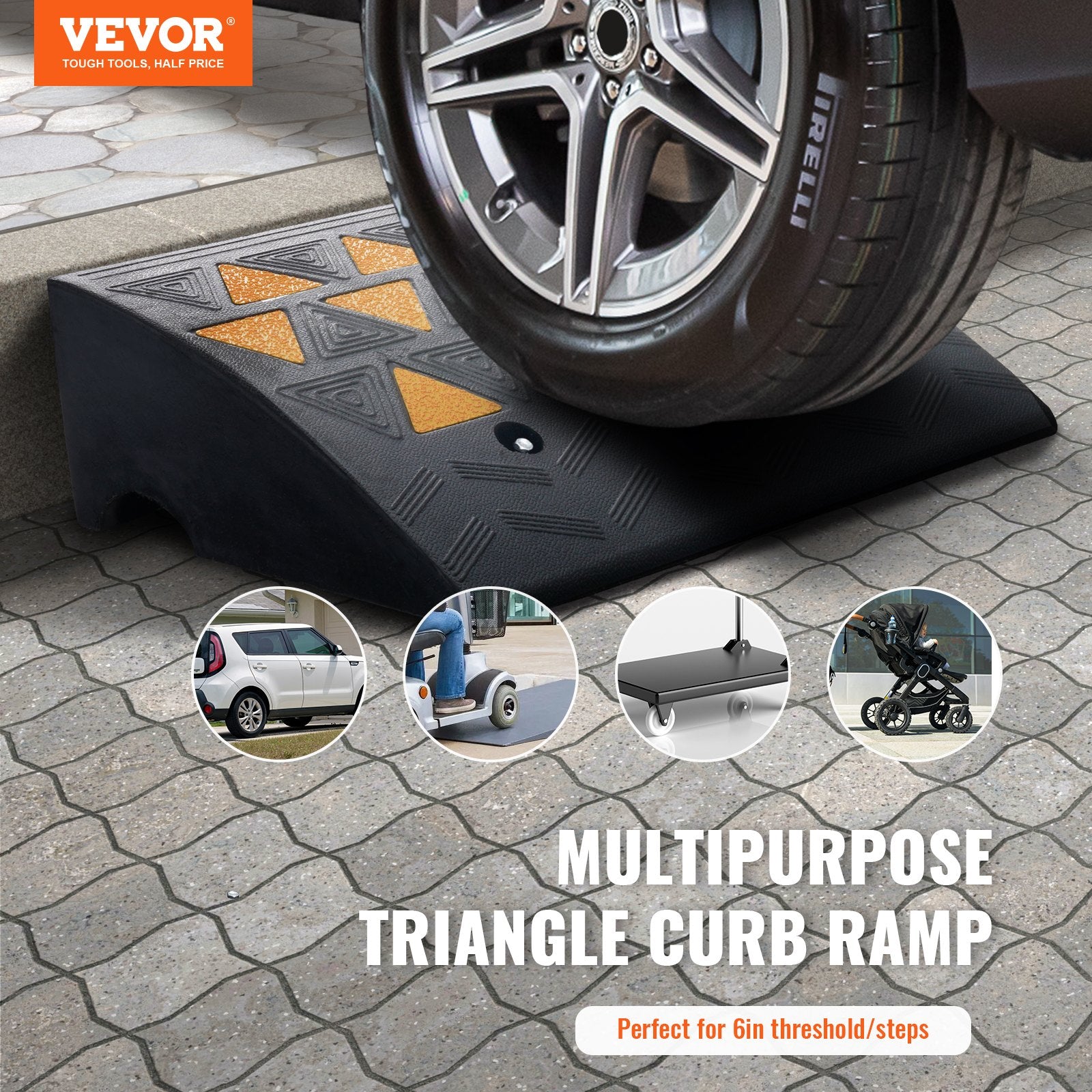 Rubber Curb Ramp 2 Pack, 15.2 cm Rise Height Heavy-Duty 15 tons Load Capacity Threshold Ramps, Driveway Ramps with Stable Grid Structure for Cars, Wheelchairs, Bikes, Motorcycles - Image 2