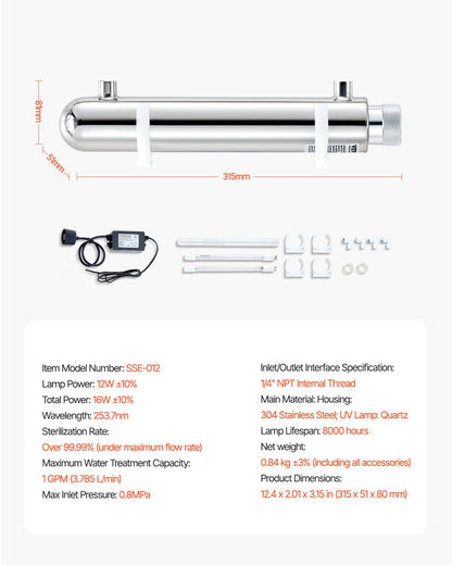 UV Water Purifier, 12W 1GPM, 220V Versatile Ultraviolet Water Purifier Filter with Stainless Steel Housing, Whole House UV Water Filter with Quartz Sleeve Fit for Shower/Drinking/Cleaning - Image 7