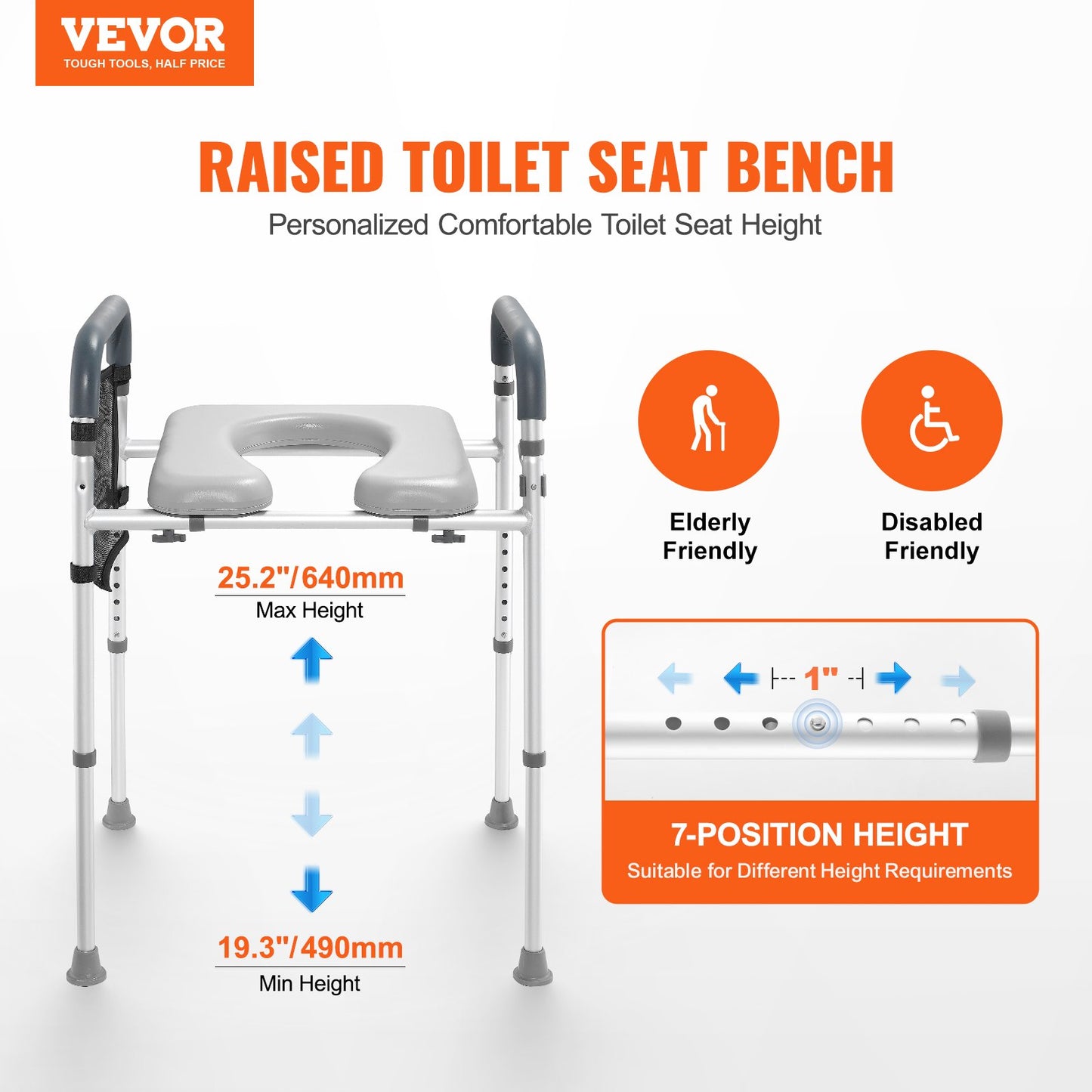 Raised Toilet Seat, 7-Position Height Adjustment 655-805 Mm, 158.7 kg Weight Capacity, with Comfort Padded Aluminum Frame, Universal Toilet Seat Riser, for Elderly, Handicap, Pregnant, Medical - Image 2