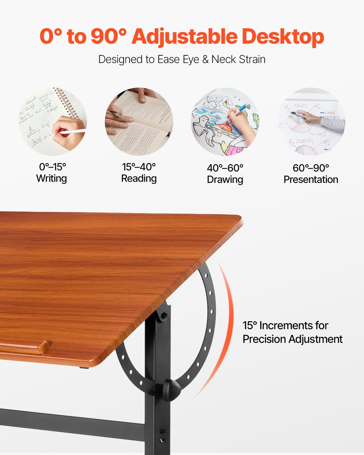 Drafting Table Adjustable 0°–90° Tilt Wooden Drawing Desk with H-Frame - Image 2