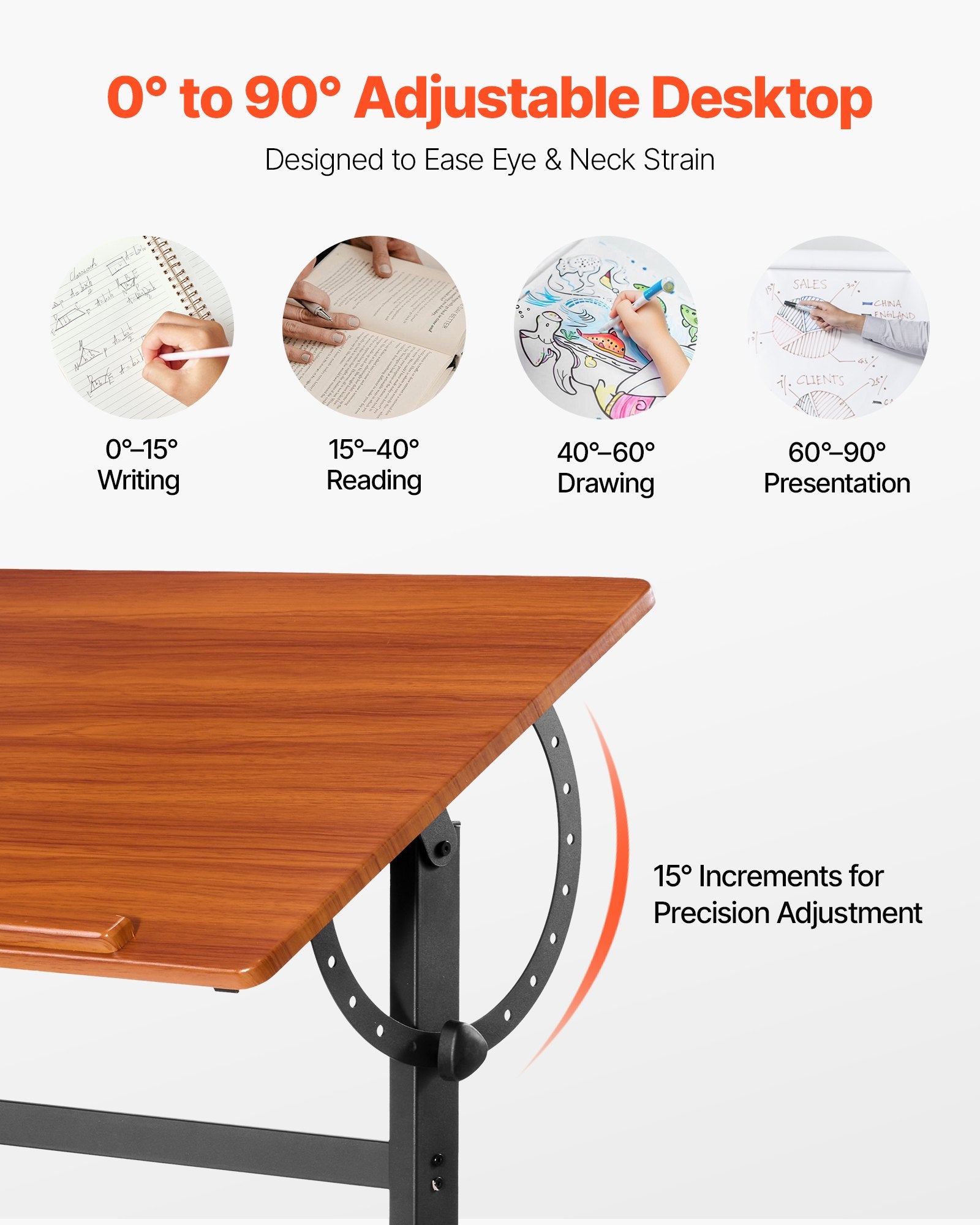 Drafting Table Adjustable 0°–90° Tilt Wooden Drawing Desk with H-Frame - Image 2