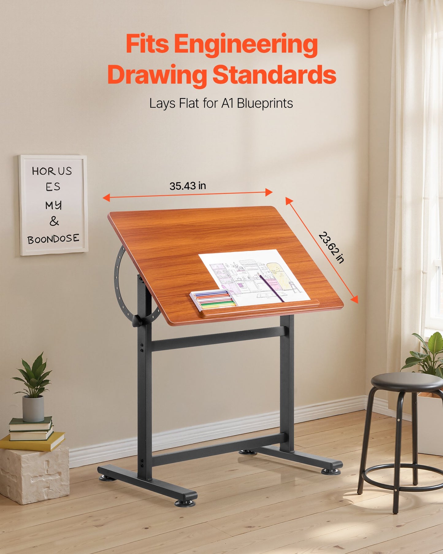 Drafting Table Adjustable 0°–90° Tilt Wooden Drawing Desk with H-Frame - Image 3