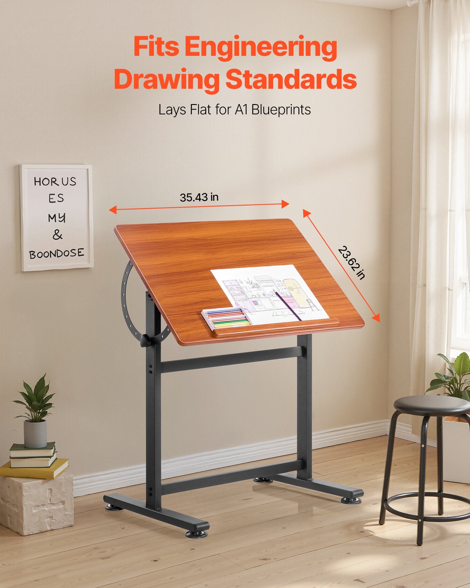 Drafting Table Adjustable 0°–90° Tilt Wooden Drawing Desk with H-Frame - Image 3