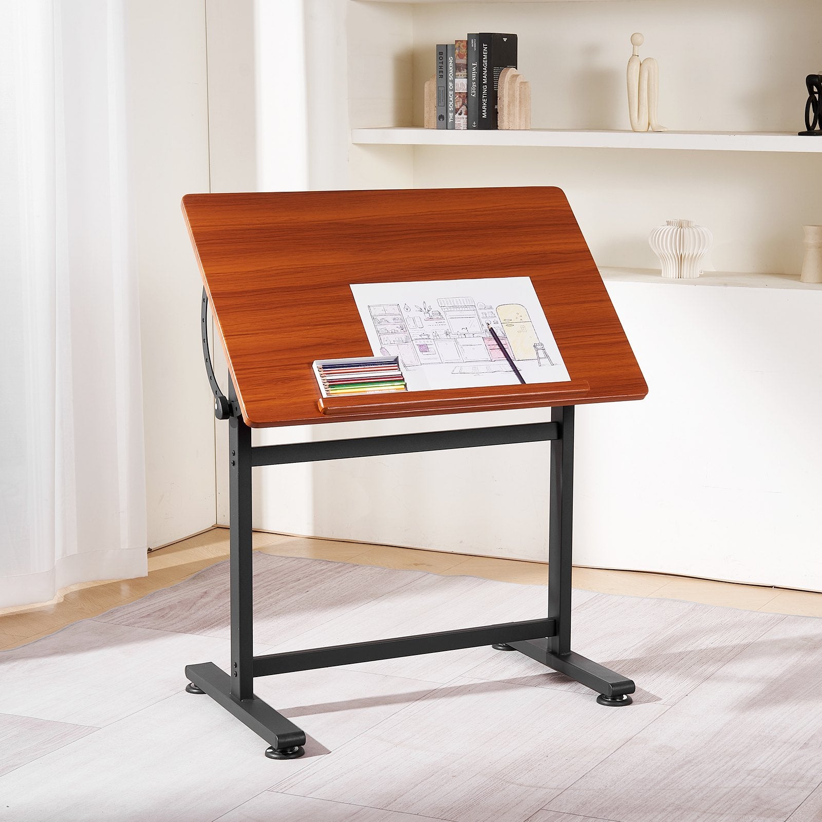 Drafting Table Adjustable 0°–90° Tilt Wooden Drawing Desk with H-Frame - Image 8