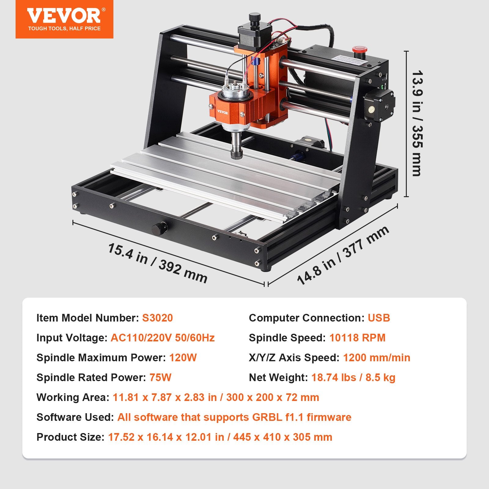 CNC Router Machine, 120W, 3 Axis GRBL Control Wood Engraving Carving Milling Machine Kit, 11.81 x 7.87 x 2.83 in / 300 x 200 x 72 mm Working Area 1200 RPM for Wood Acrylic MDF PVC Plastic Foam - Image 7