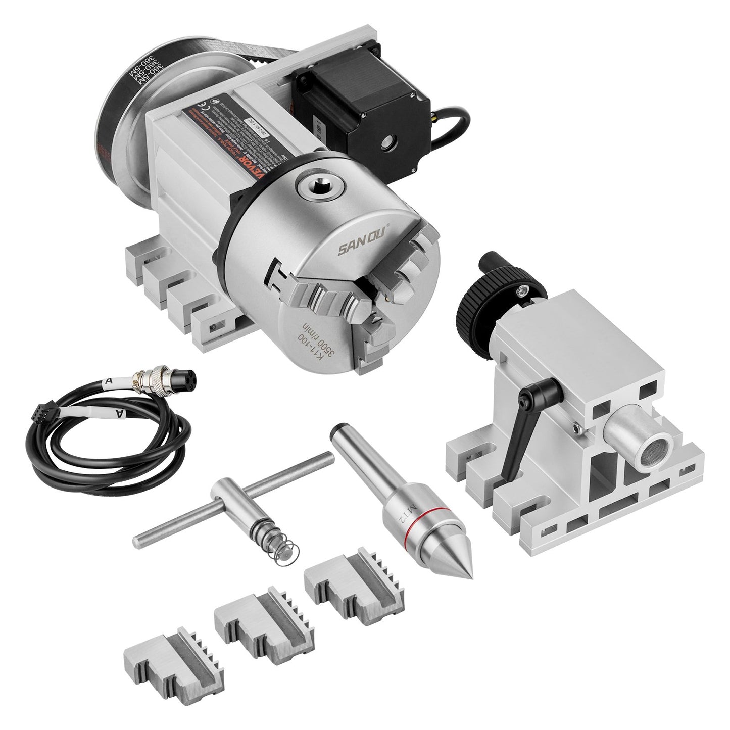 Dividing Head, K11-100mm 3-Jaw Chuck, CNC Router Milling Machine Rotational Axis 4th Axis A Axis Indexing Head, 65 mm Center Height MT2 Tailstock 6:1 Gear Ratio, Universal for Engraving