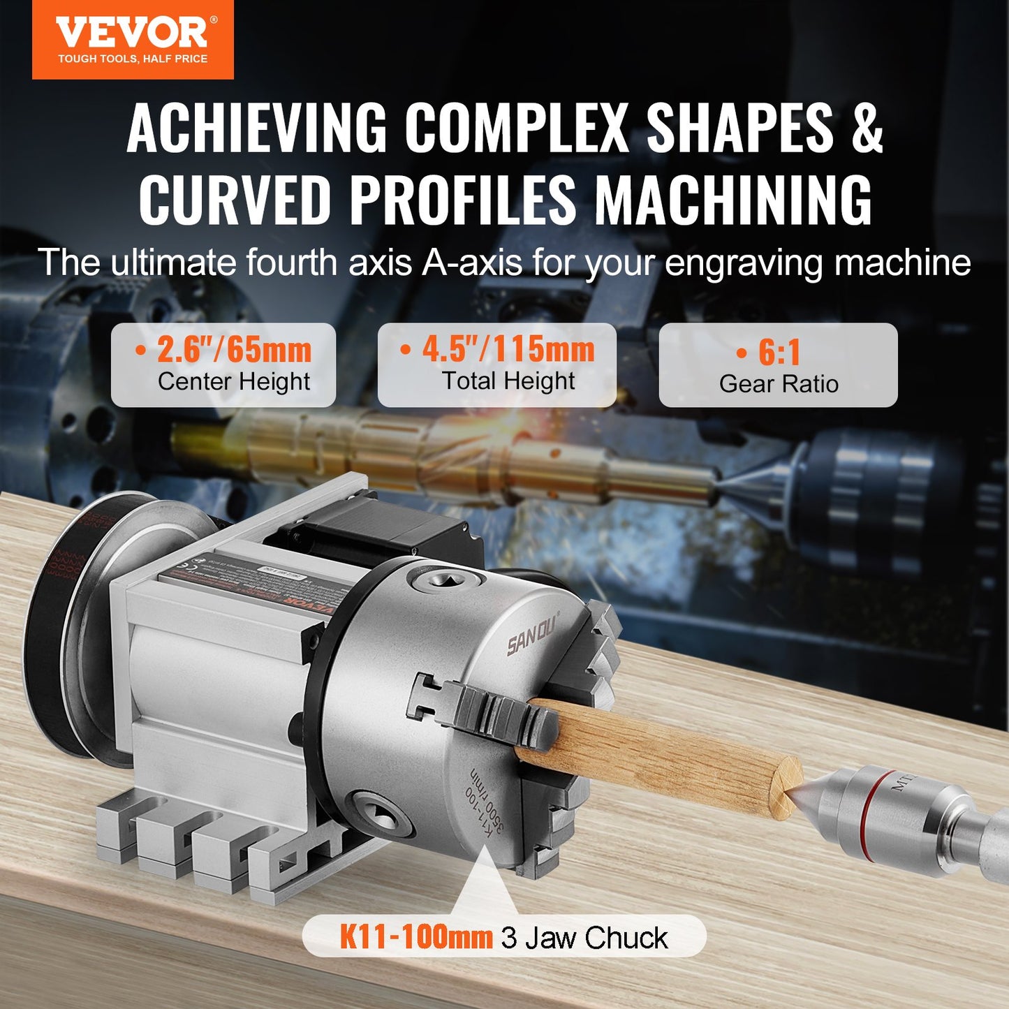 Dividing Head, K11-100mm 3-Jaw Chuck, CNC Router Milling Machine Rotational Axis 4th Axis A Axis Indexing Head, 65 mm Center Height MT2 Tailstock 6:1 Gear Ratio, Universal for Engraving - Image 2