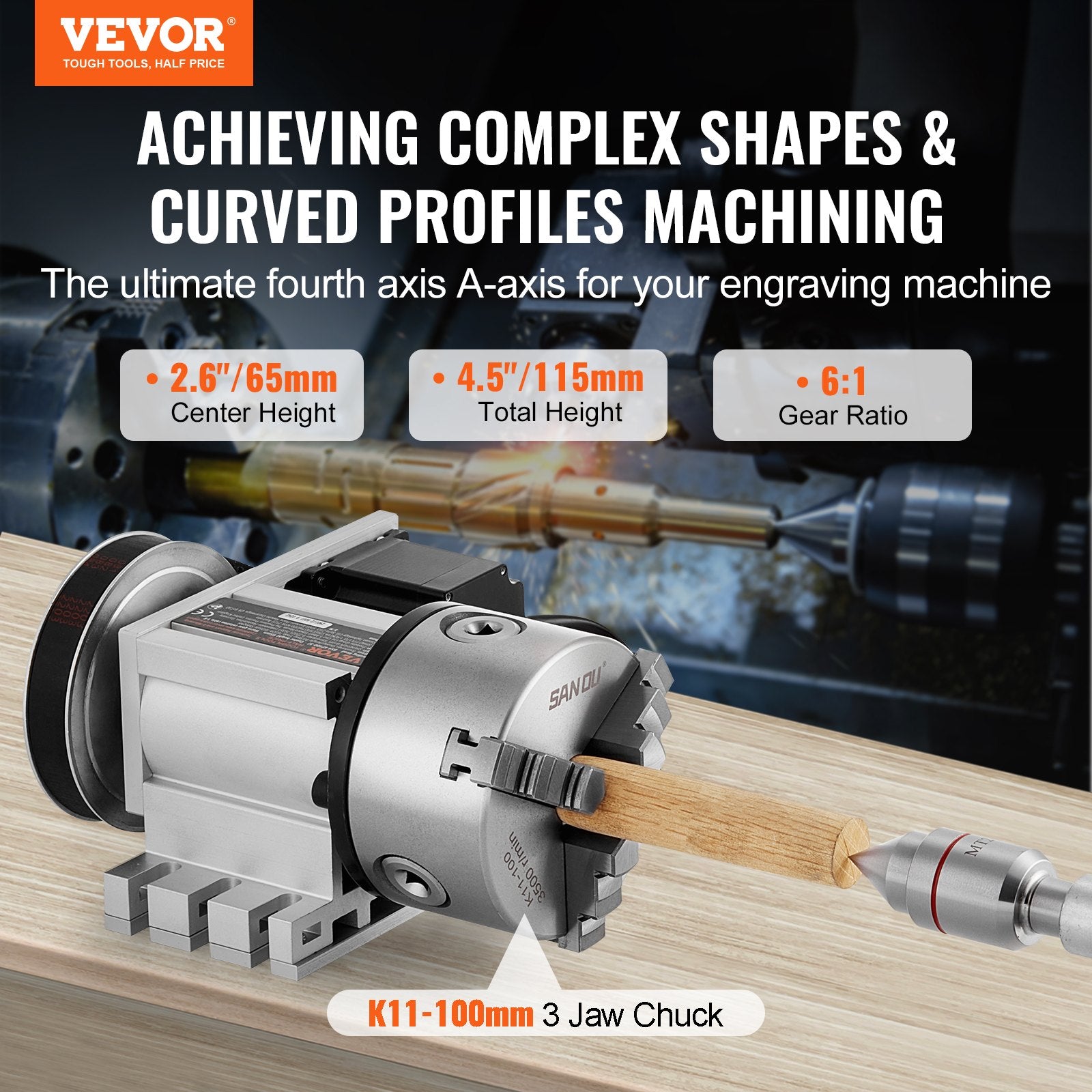Dividing Head, K11-100mm 3-Jaw Chuck, CNC Router Milling Machine Rotational Axis 4th Axis A Axis Indexing Head, 65 mm Center Height MT2 Tailstock 6:1 Gear Ratio, Universal for Engraving - Image 2