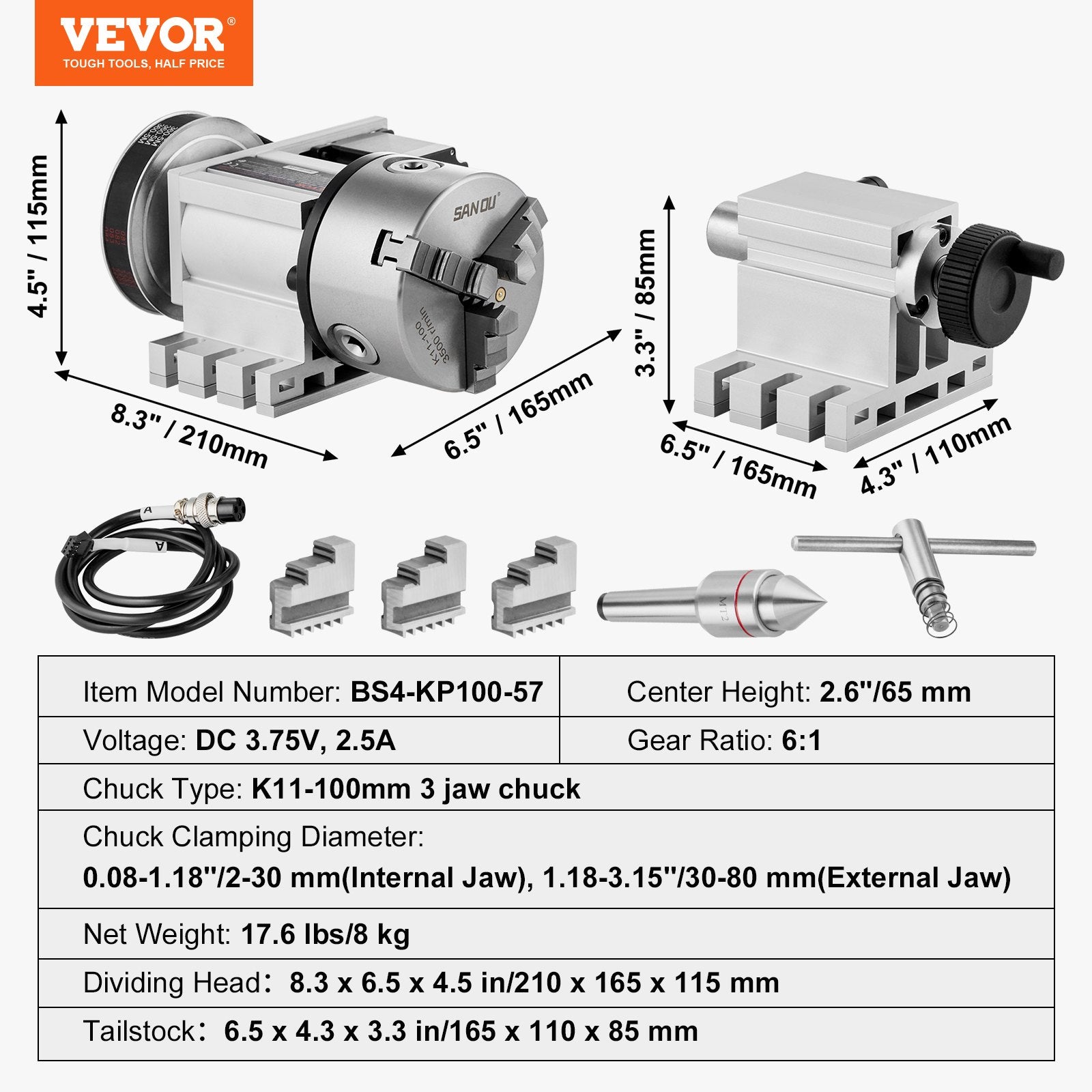 Dividing Head, K11-100mm 3-Jaw Chuck, CNC Router Milling Machine Rotational Axis 4th Axis A Axis Indexing Head, 65 mm Center Height MT2 Tailstock 6:1 Gear Ratio, Universal for Engraving - Image 7