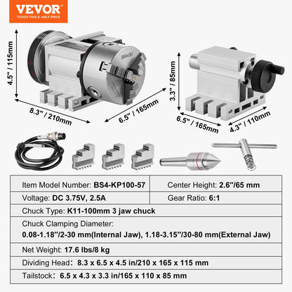 Dividing Head, K11-100mm 3-Jaw Chuck, CNC Router Milling Machine Rotational Axis 4th Axis A Axis Indexing Head, 65 mm Center Height MT2 Tailstock 6:1 Gear Ratio, Universal for Engraving - Image 7